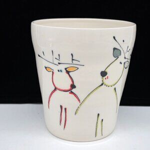 Hand Painted White Ceramic Utensils Container or Planter Whimsical Reindeer 6.25